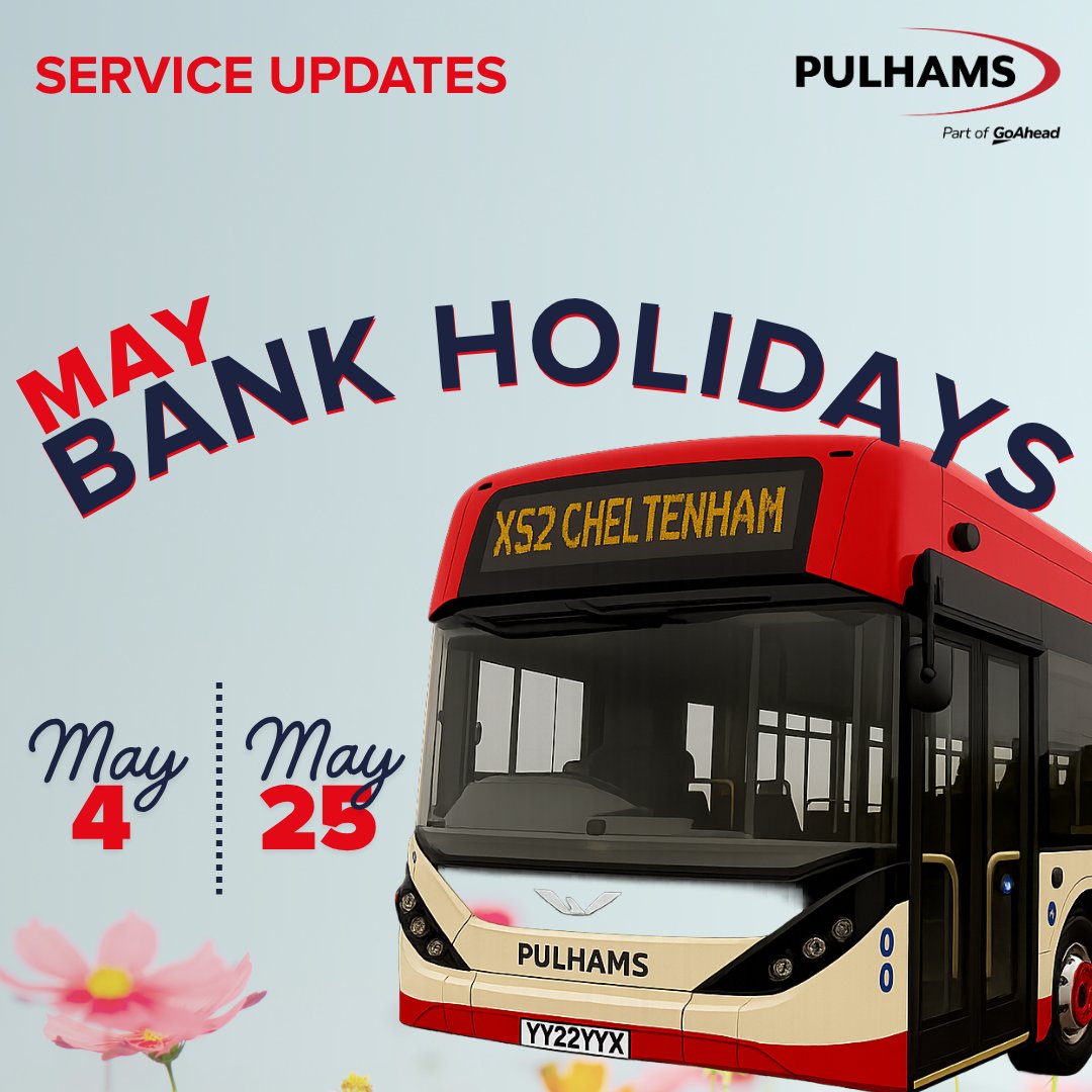 PulhamsCoaches's tweet photo. 🚌 Bank Holiday Update

A Sunday service will be running across all Pulhams routes on May 4th and May 25th.

Services will operate as normal on all other days.

Enjoy your bank holiday! 🎉☀️

For further information on this, please head over to 👉 https://t.co/3Z4TQmdNHU https://t.co/xfjoQMdzd1