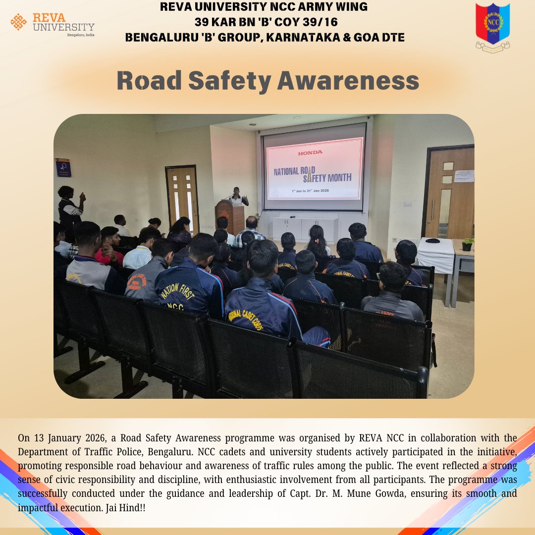 39Inf's tweet photo. Road Safety Awareness Programme by REVA NCC with Bengaluru Traffic Police highlighted discipline and civic responsibility. Cadets learned traffic rules under Capt. Dr. M. Mune Gowda, promoting safer roads and responsible citizens. Jai Hind 🇮🇳
#trafficpolice
#NCC https://t.co/Mc3j1dftQ0