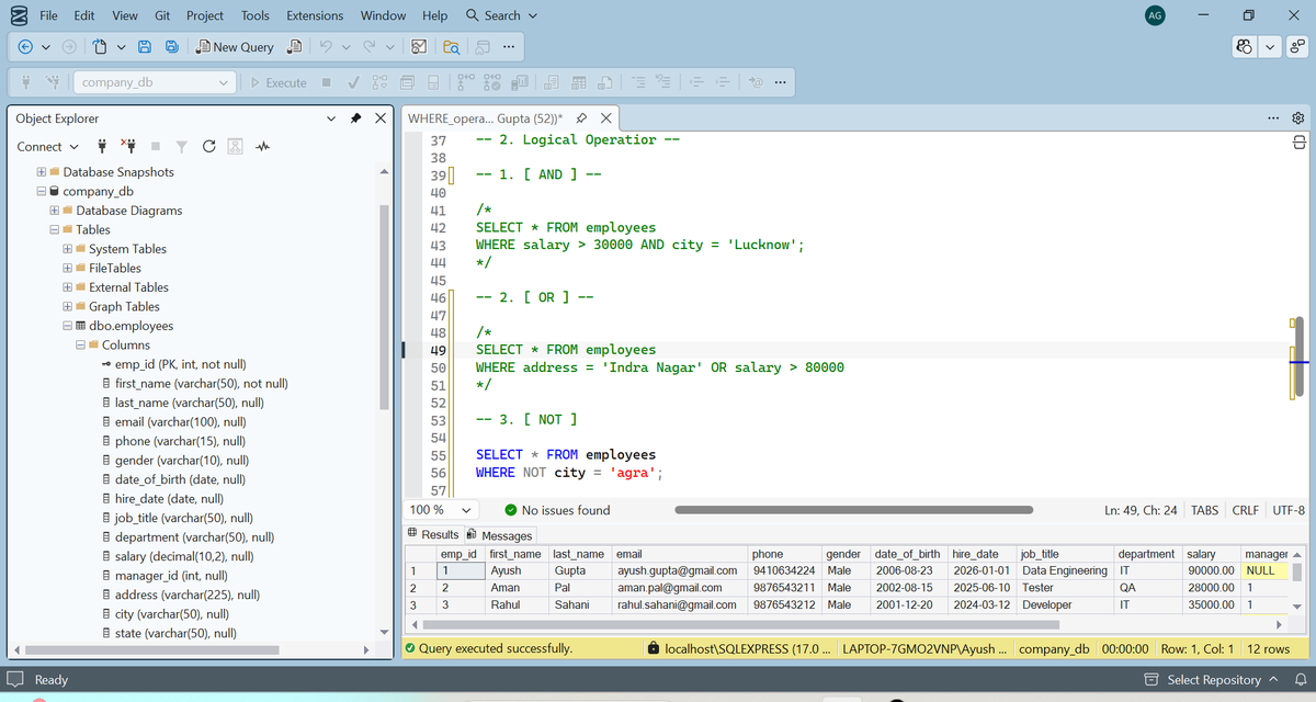 TechdevoAyush's tweet photo. 🚀 Day 4 — SQL WHERE Conditions
📅 3 May 2026
Learned how SQL actually filters data using logic 🧠

✔ AND = strict
✔ OR = flexible
✔ NOT = reverse
✔ BETWEEN / IN / LIKE = powerful filtering tools

💡 SQL checks data row by row (NOT → AND → OR)
Small operators, big impact https://t.co/Rn5hk27f1d