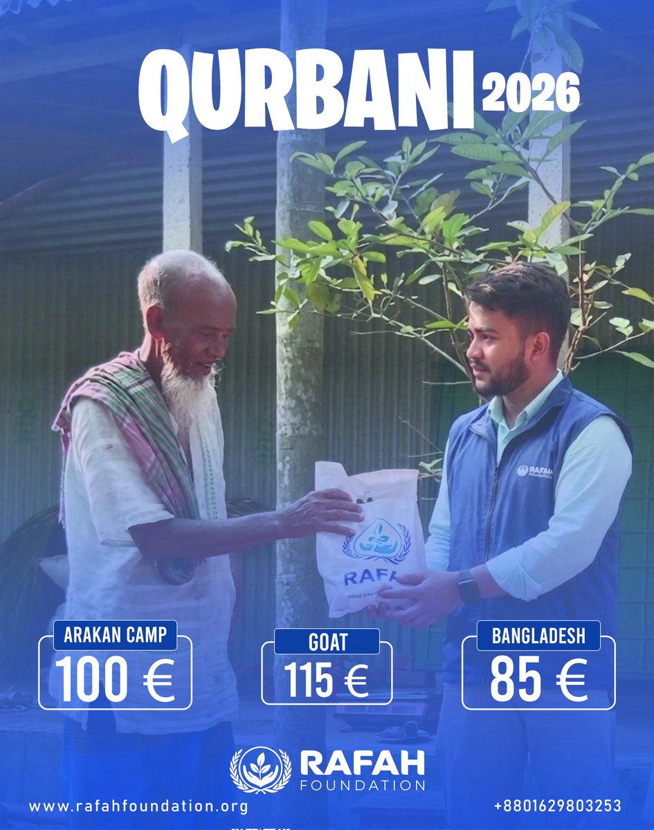 RafahFoundation's tweet photo. Sacrifice fosters compassion, and sharing spreads the joy of Eid. The foundation of Muslim society lies in mutual cooperation and humanity. Strengthening this bond, the sacred act of Qurbani presents a unique opportunity.

As in previous years, in 2026, Rafah Foundation remains committed to delivering your Qurbani trust (Amanah) to underprivileged and vulnerable people who are eagerly waiting to be part of this blessed joy.

Let us make your Qurbani a means of bringing smiles to the faces of those in need. Through a share of a cow, a one-seventh portion, or a goat, you can help deliver the joy of Eid to those who are deprived of it.

Payment Methods:
bKash: +8801898480930 (Payment)

Bank Account:
Account Name: Rafah Foundation
Account Number: 20502070100754416
Bank Name: Islami Bank Bangladesh PLC
Branch: Uttara Branch
Routing Number: 125264639
SWIFT Code: IBBLBDDH207

Become a part of our mission by registering as a volunteer in our ongoing initiatives.
🔗 Volunteer Registration: https://t.co/dUZHm4Mos8
📞 Contact: +8801629803253
🌐 Website: https://t.co/jGH5ndEiW4