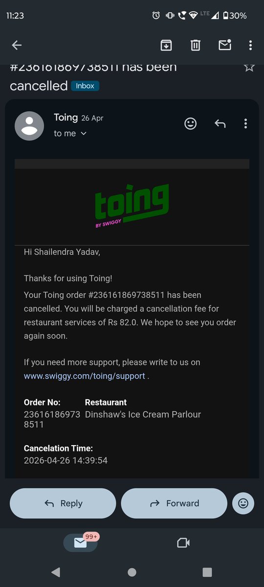 shail_engineer's tweet photo. As per your policy, if item is unavailable, customer should get full refund and no penalty.

Also, no proper response on email.

Please resolve this immediately.@Swiggy https://t.co/5jPVIUQIvB