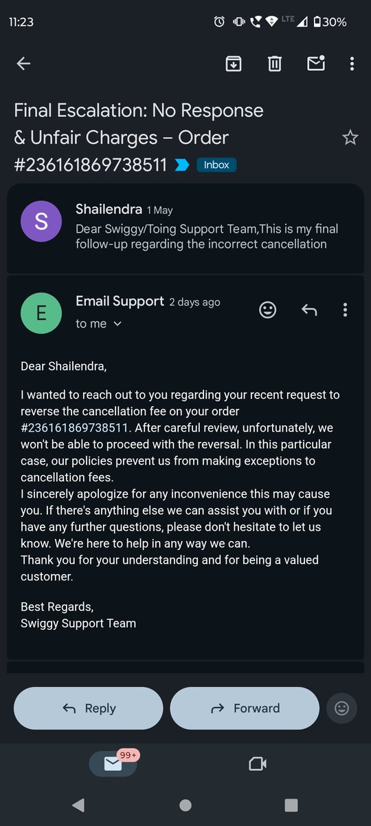 shail_engineer's tweet photo. As per your policy, if item is unavailable, customer should get full refund and no penalty.

Also, no proper response on email.

Please resolve this immediately.@Swiggy https://t.co/5jPVIUQIvB