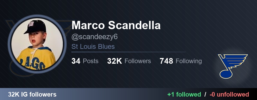 NHLFollowTrack's tweet image. 👉 scandeezy6 (Marco Scandella) started following 1 and unfollowed 0:

✅ mirkodagata (Mirko D'Agata)
🔗 instagram.com/mirkodagata

#NHL #STLBlues