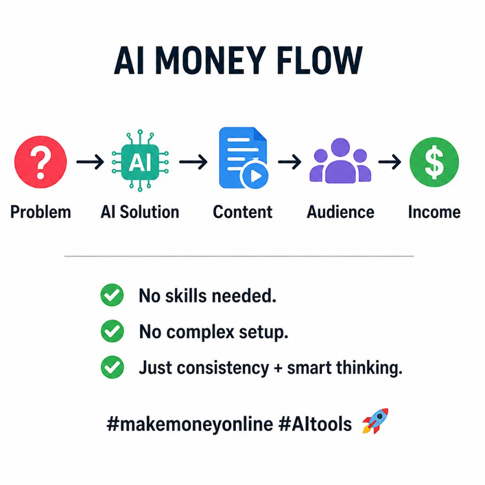 snigdha0oo's tweet image. Simple AI money flow 👇

Problem → AI Solution → Content → Audience → Income

No skills needed.No complex setup.
Just consistency + smart thinking.

#makemoneyonline #AItools 🚀