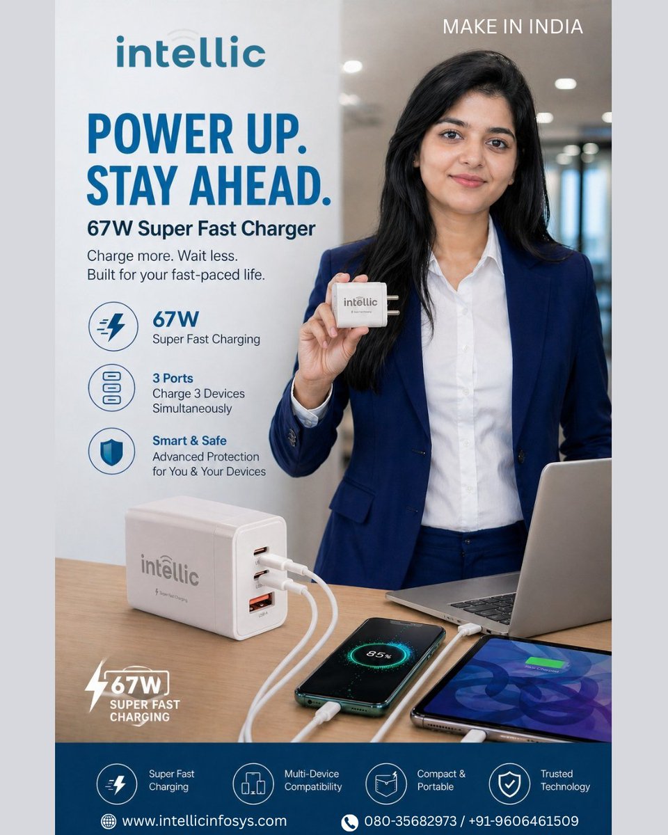 Intellicinfosys's tweet image. Stop waiting. Start charging.

⚡ 67W Super Fast Charger
🔌 Charge 3 devices at once
🛡️ Smart &amp;amp; Safe Protection
One charger. Total power.
Stay ahead with Intellic.
📞 Call now: 080-35682973
🌐 intellicinfosys.com

#intellic #power #charge #67w #superfast #laptop #makeinindia