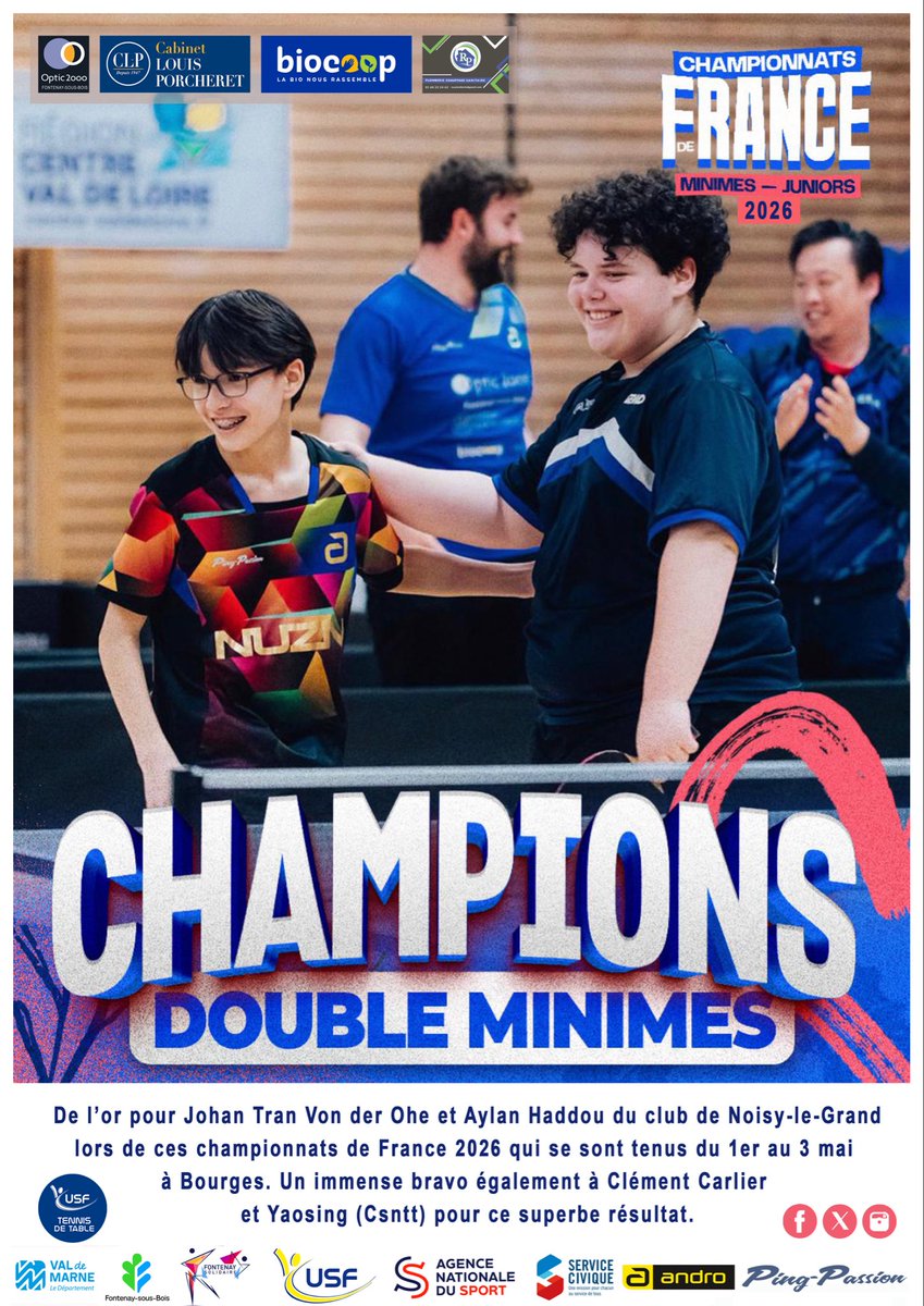 USFTT1's tweet photo. Félicitations à Johan et son partenaire Aylan ainsi qu’aux coachs Clément et Yaosing pour ce beau titre de Champions de France en double Minimes 🏓👍 @optic2000_fsb @cabinet_porcheret@valdemarne_94 @jpgautrais @cd94tt @biocoop
@usf.omnisports @@fftt_idf @androtabletennis https://t.co/jASd3TuFE6