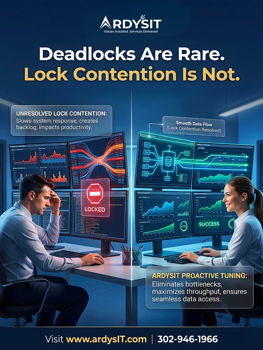 ArdysITSolution's tweet photo. Most slowdowns aren’t deadlocks — they’re contention chains.
Multiple processes waiting on shared resources creates system-wide lag.
ArdysIT resolves contention patterns so workflows stay fluid.

#ArdysIT #deadlocks #contention #workflows https://t.co/Yq44hi8gsi