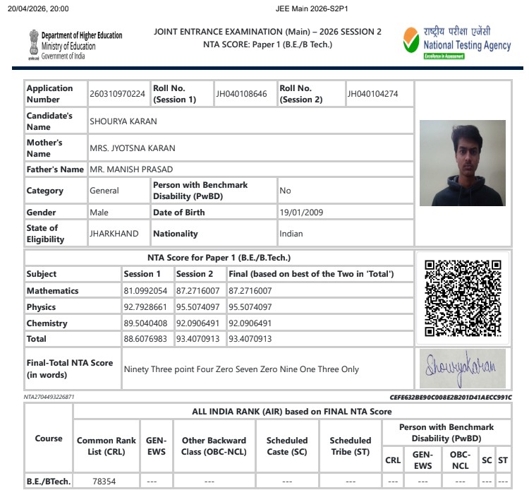 Prashant_Karn's tweet photo. JEEMain-26  irregularity.
Same candidate. Two different scorecards.
Shourya Karan (260310970224)
20 Apr: NTA Score 93.4070, AIR 78,354
23 Apr: NTA Score 49.4730, AIR 823,354
Even session 1 results changed 
Possible result swap/data error?
@EduMinOfIndia @dpradhanbjp @NTA_Exams https://t.co/7E9WrOAFxz