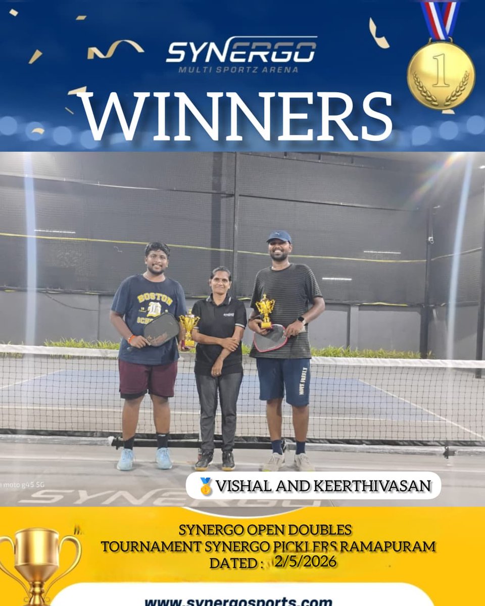 Synergosports's tweet image. 🏆 Winners Alert!

Congrats to Vishal &amp;amp; Keerthivasan for winning the DUPR Open Doubles – Synergo Tournament at Ramapuram (02.05.2026) 👏🏸

True teamwork. True champions. 🔥

#Synergo #DUPR #Pickleball #Winners #Ramapuram #Champions