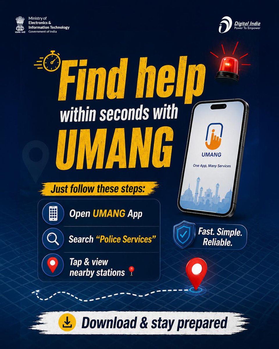_DigitalIndia's tweet image. 🚨 When faced with an emergency — how prepared are you ?

📲 With the UMANG app, finding nearby police stations is just a few taps away.

⏱️ When every second matters, be ready. 

#UMANGApp #DigitalIndia 
@UmangOfficial_