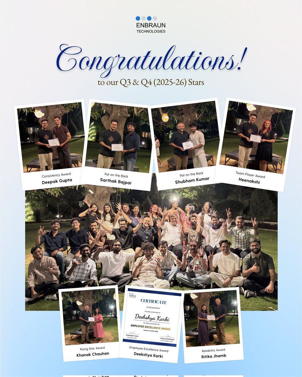 ers_enbraun's tweet image. No big speeches. No dramatic pauses. 

Just consistent work and results that speak. 🏆✨

Q3 &amp;amp; Q4 (2025-26) built on focus, sharp thinking, and those "one last tweak" Moments. 

Team made it happen. Congrats everyone🎉

#EmployeeRecognition #Teamwork #EnbraunTechnologies