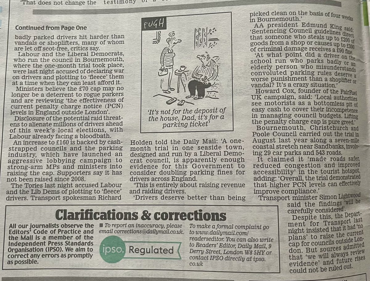 HowardCCox's tweet photo. I'm quoted in the @DailyMail abt yet another anti-driver cash grabbing attack on motorists @David_Churchill 

UK drivers, and of course Thursday’s local voters, are fuming that parking enforcement is being pursued more aggressively than the national epidemic of shoplifting. 

Local authorities see motorists as a bottomless pit of easy cash to cover their incompetence in managing council budgets. 

Surplus parking income is supposed to be ring-fenced for transport-related spending, but in reality, this flood of easy cash plugs deficits elsewhere. Enforcement is straightforward: ANPR cameras, civil enforcement officers, and fixed penalties generate high cash volumes with low overheads. No need for court in most cases—just pay or appeal. 

Lifting the Penalty Charge parking cap is pure greed and will affect those on low incomes the hardest. Labour’s fiscal hatred of drivers, given the current high prices at the pumps, which they could solve with immediate cuts in fuel taxes, flows through all aspects of their road user strategies. 

The cap must remain at £70 for parking offences