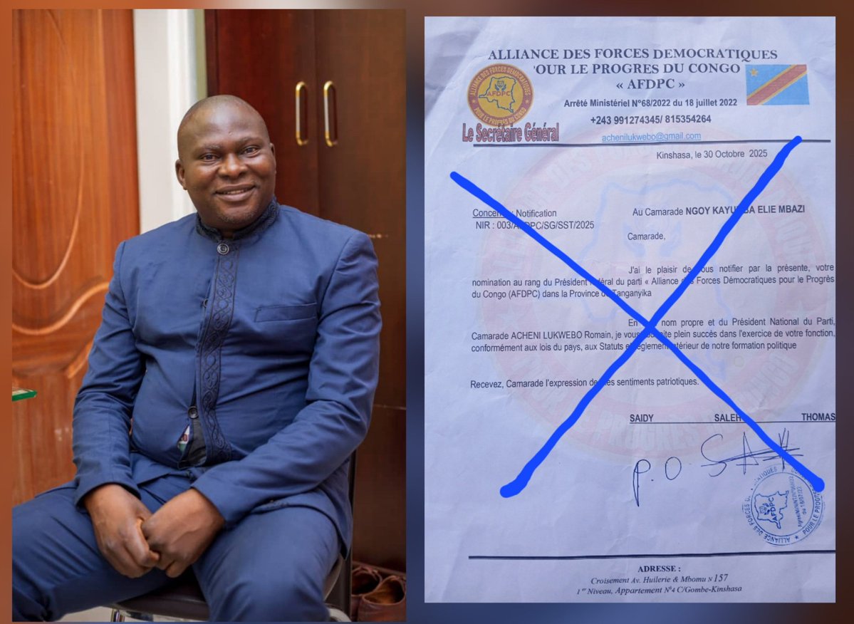 TANGANYIKA : L'ho député provincial, élu de la circonscription du territoire de Kongolo et rapporteur de l’Assemblée provinciale du Tanganyika, NGOY KAYUMBA Élie Mbanzi, condamne fermement un fameux document qui circule sur les réseaux sociaux, portant une notification d1 (AFDPC)