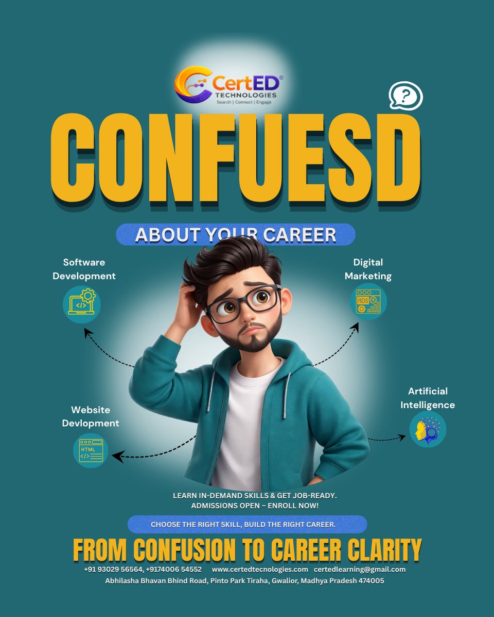 sharma93pravee1's tweet image. Twitter Caption (Short &amp;amp; Catchy)

Confused about your career? 🤔
Learn in-demand skills &amp;amp; get job-ready 🚀
🎯 Admissions Open – Enroll Now!
Contact Us.
+91 93029 56564, +91 74006 54552.
#Career #Skills #DigitalMarketing #AI #Students