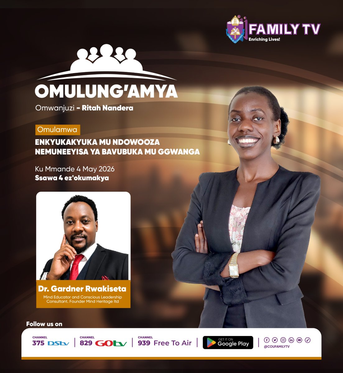 coufamilytv's tweet photo. LEERO ku Program OMULUNG'AMYA: Enkyukakyuka Mu Ndowooza Nemuneyisa Y'Abavubuka mu Ggwanga.

Tosubwa okubaganya ebirowoozo ne Ritah Nandera nga akyazizza Dr. Gardner Rwakiseta omutandisi wa Mind Heritage Ltd.
#COUFamilyTv https://t.co/tsvp7MYNkD