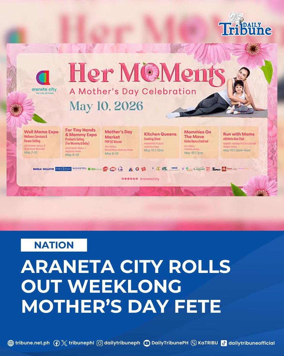 tribunephl's tweet image. Araneta City is marking Mother’s Day with a weeklong lineup of activities that puts the spotlight on mothers, from community markets to wellness experiences and family-oriented events. | DT

Click the link in the comment section for the full story.

#DailyTribune #MothersDay