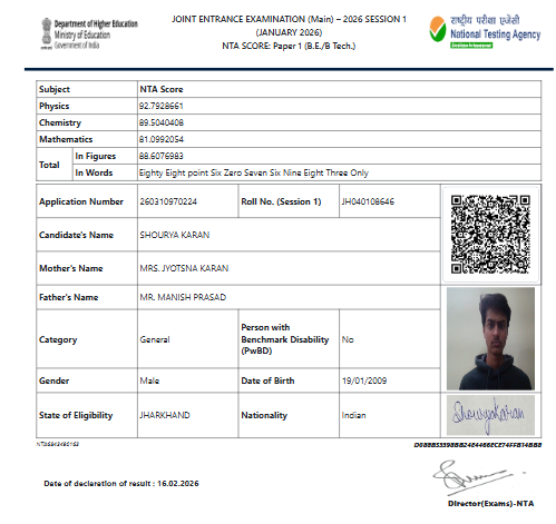 Prashant_Karn's tweet photo. JEEMain-26  irregularity.
Same candidate. Two different scorecards.
Shourya Karan (260310970224)
20 Apr: NTA Score 93.4070, AIR 78,354
23 Apr: NTA Score 49.4730, AIR 823,354
Even session 1 results changed 
Possible result swap/data error?
@EduMinOfIndia @dpradhanbjp @NTA_Exams https://t.co/7E9WrOAFxz