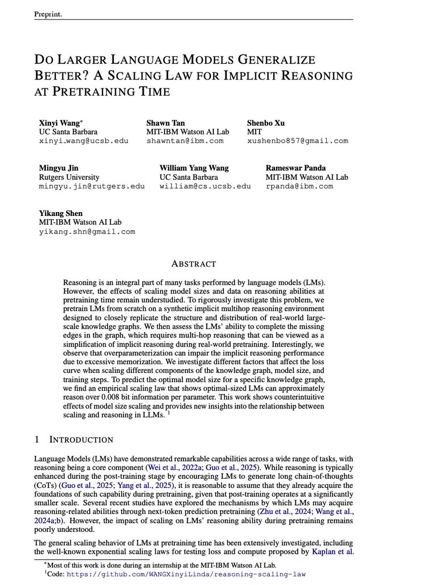 fnruji316625's tweet photo. 🎉 Excited to share that our Interpretability paper about  Scaling Law was accepted to ICML!

Do Larger LMs Generalize Better? We study implicit reasoning at pretraining time and find that bigger isn’t always better: overparameterization can hurt.

📄 https://t.co/96A1NinRLu https://t.co/MvPqZdspIm