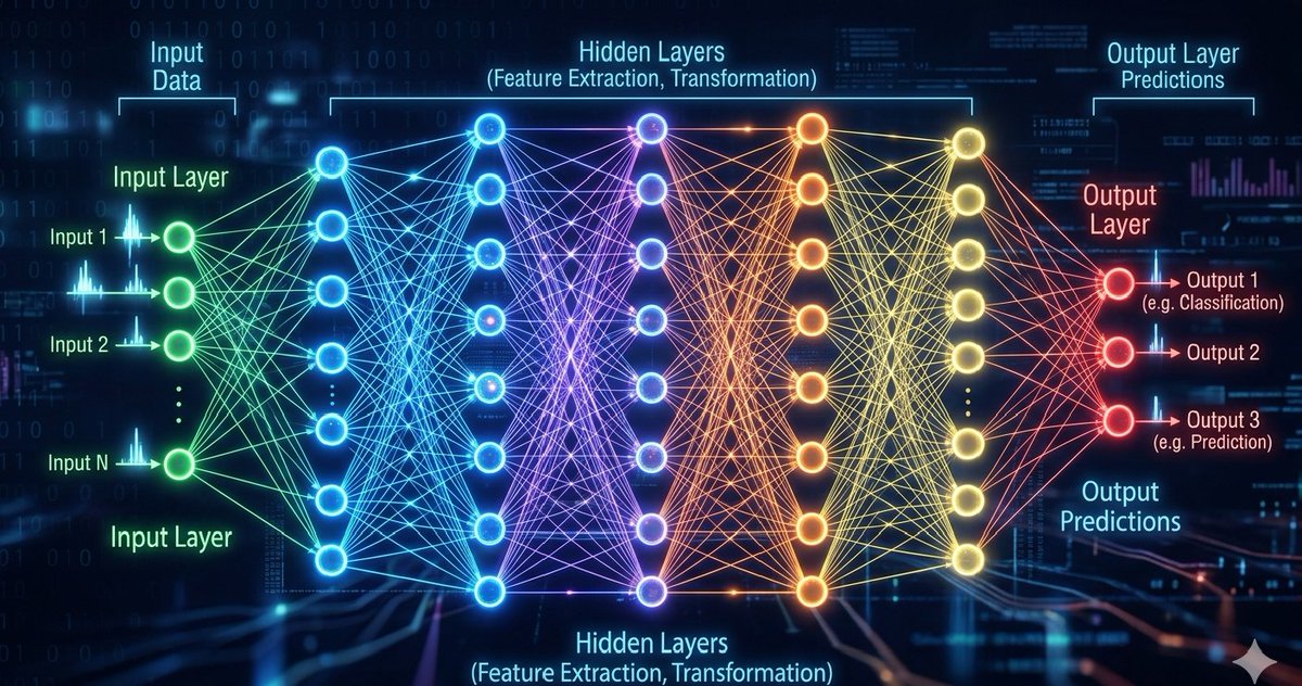 Webmasterdev1's tweet photo. A neural network is like a brain made of math. It learns by looking at tons of examples (like pictures of cats) and slowly figuring out the patterns. The more examples it sees, the smarter it gets at recognizing new ones! it's as simple as that. https://t.co/tboN8NCQM8