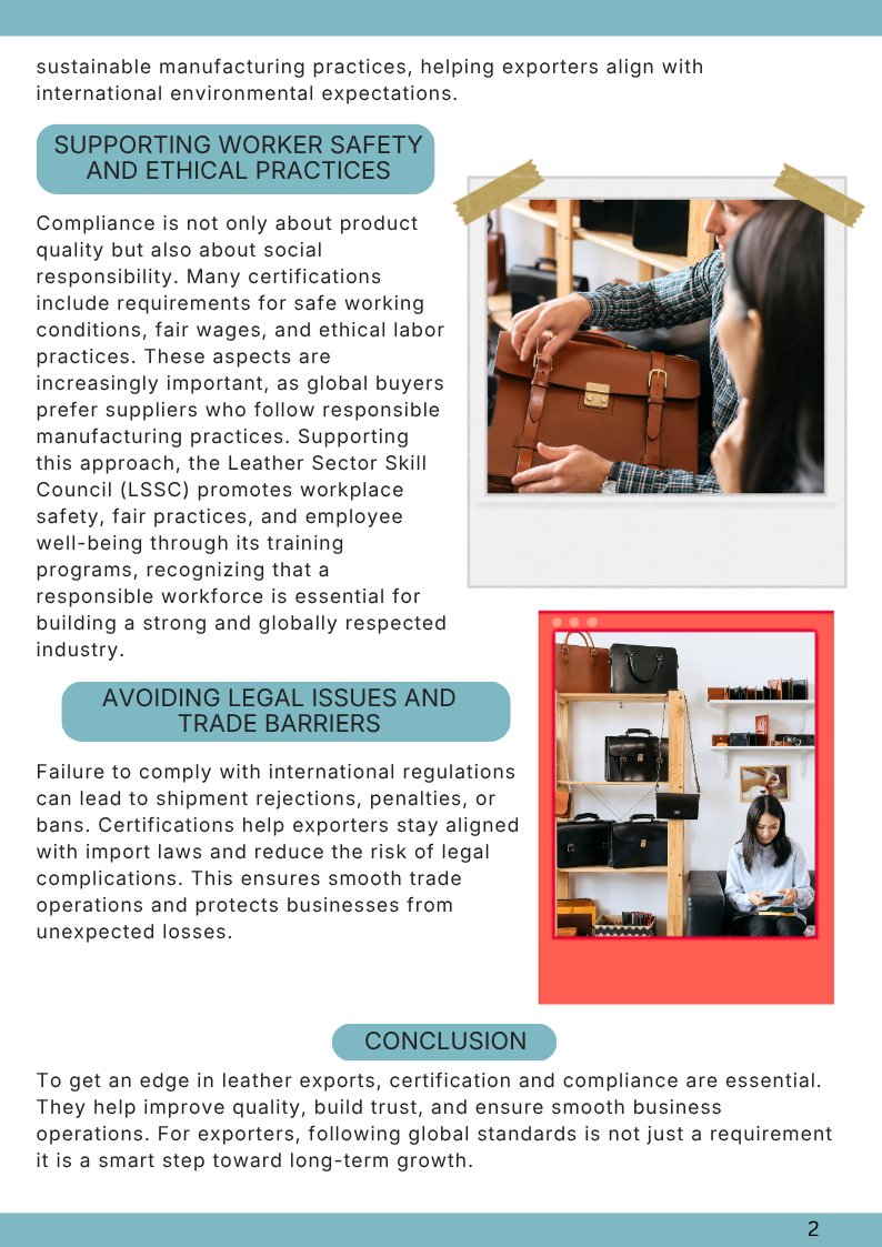 leatherssc's tweet photo. Certification &amp; Compliance in Leather Exports: Key to Success

Quality alone isn’t enough—meeting global standards is what sets exporters apart.

Why it matters:
✔️ Builds buyer trust
✔️ Ensures consistent quality
✔️ Promotes sustainability
✔️ Avoids trade risks

#LSSC https://t.co/MgidTBha4c