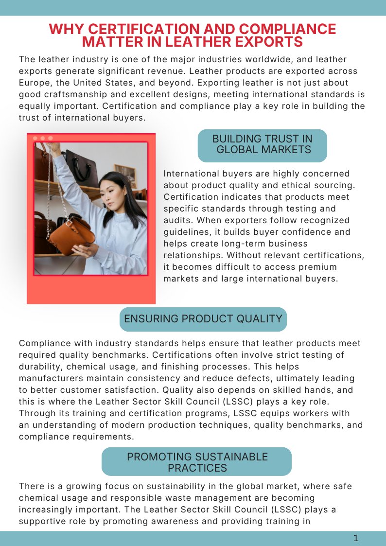 leatherssc's tweet photo. Certification &amp; Compliance in Leather Exports: Key to Success

Quality alone isn’t enough—meeting global standards is what sets exporters apart.

Why it matters:
✔️ Builds buyer trust
✔️ Ensures consistent quality
✔️ Promotes sustainability
✔️ Avoids trade risks

#LSSC https://t.co/MgidTBha4c