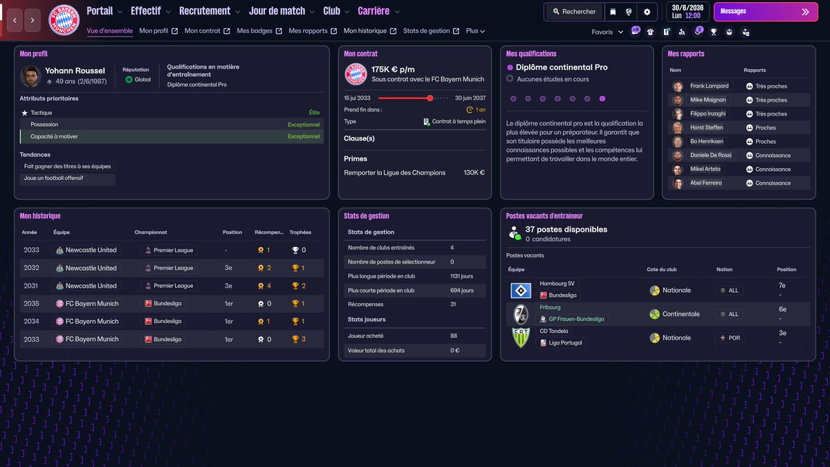 C'est le #MorningBraco ⏰

[S12] #EuropeTour 🇪🇺

Eliminé en 1/2 finale de la <a href="/ChampionsLeague/">UEFA Champions League</a>, dernière année de contrat avec le <a href="/FCBayern/">FC Bayern München</a> 👀

3 fois champion <a href="/Bundesliga_DE/">BUNDESLIGA</a>, une 4ème ? 😇

📺 twitch.tv/bracodu88

De bonne heure et de bonne humeur ☕️

#FM26 #FootballManager
