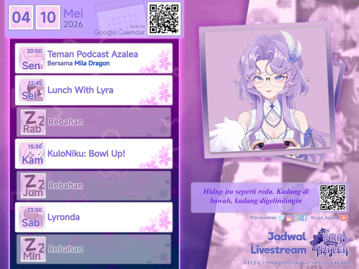 Jadwalnya kak~

Akhirnya segmen TPA lanjut lagi, malam ini bintang tamunya ada <a href="/Milaa_Dragon/">Mila Dragon</a> 😆💜

Youtube: youtube.com/@Lyra_Azalea
Discord: magisona.biz.id/discord