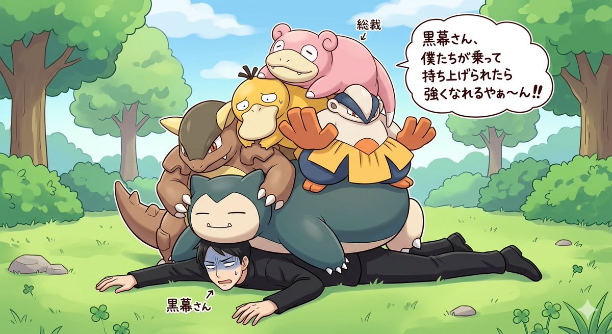 blueskyyadon's tweet photo. 黒幕さんが総裁とカビゴン、コダックたちに落ち潰されている。総裁「黒幕さん、僕たちが乗って持ち上げられたら強くなれるやぁ～ん‼️」
@kayajoetracker https://t.co/IgqvPLBigO