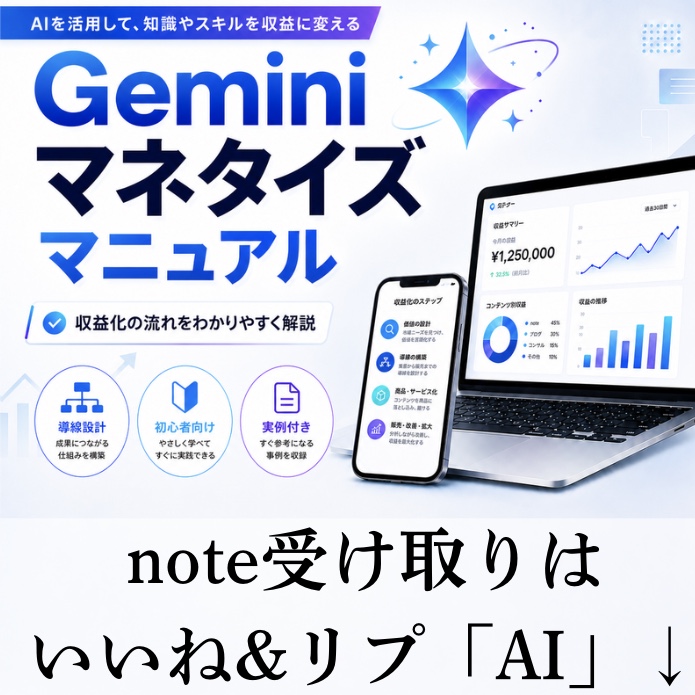 z31a3h's tweet photo. 4,980円で販売予定だった
Geminiマネタイズマニュアルを
24時間限定で配布します。
・
AIマネタイズで大事なのは
・何を作るか
・誰に届けるか
・どう販売まで繋げるか
この導線設計です。
・
Geminiを使えば、リサーチ、構成作成、文章作成
商品設計までかなり効率化できます。

今回、初心者でも分かりやすいように
Geminiを使った収益化の流れをnoteにまとめました。

欲しい方は画像をチェック。