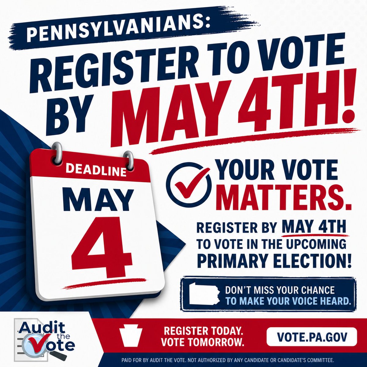 Auditthevotepa's tweet photo. TODAY is the last day to register to vote for the May 19th primary!

https://t.co/ACuzQ1DM2Y https://t.co/0flbJCPmat