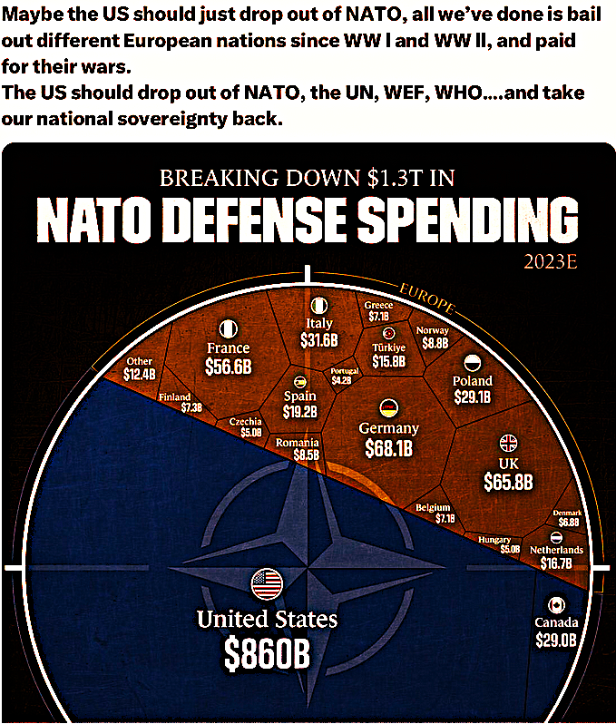 PATRIOTS...
AFTER THE BULLSHIT SUPPORT WE GOT FROM OUR FELLOW NATO MEMBERS, IT'S TIME TO TELL THEM TO "KISS OUR ASS GOODBYE!"
THAT GOES FOR ALL THE INTERNATIONAL ORGANIZATIONS THAT WE PAY THE LION'S SHARE FOR THEIR EXISTENCE AND MAINTENANCE...