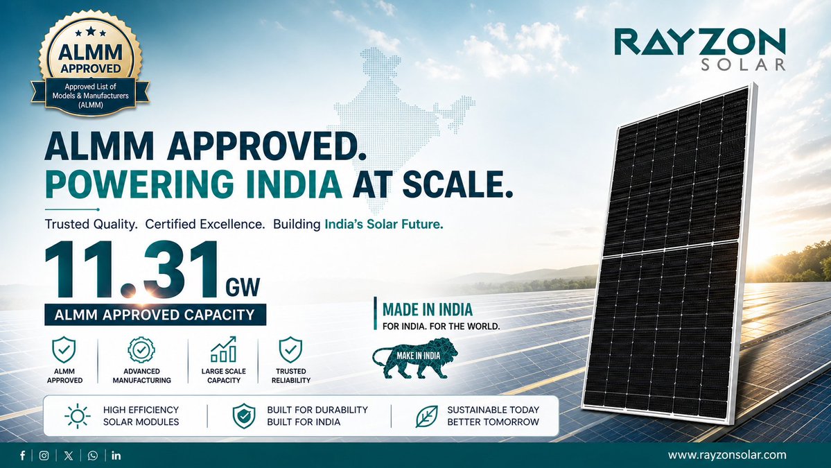 renewablemirror's tweet image. ALMM 2026 signals a shift to performance-led solar manufacturing.

RAYZON Solar: 7,913 MW ALMM-approved capacity, 11.3 GW total scale driving quality, compliance &amp;amp; advanced tech adoption.

@rayzonsolar 

Read more: renewablemirror.com/almm-2026-vali…

#ALMM2026 #Solar #RenewableMirror