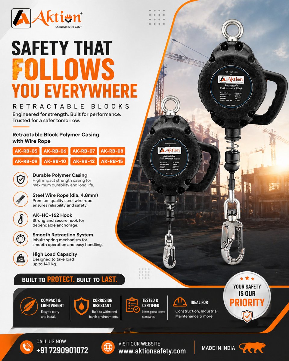 theAktionsafety's tweet image. Safety that moves with you—anywhere, every time. 🔒
Aktion Retractable Blocks are engineered for strength, built for performance.

📞 +91 7290901072
🌐 aktionsafety.com

#SafetyThatWorks #FallProtection #AktionSafety