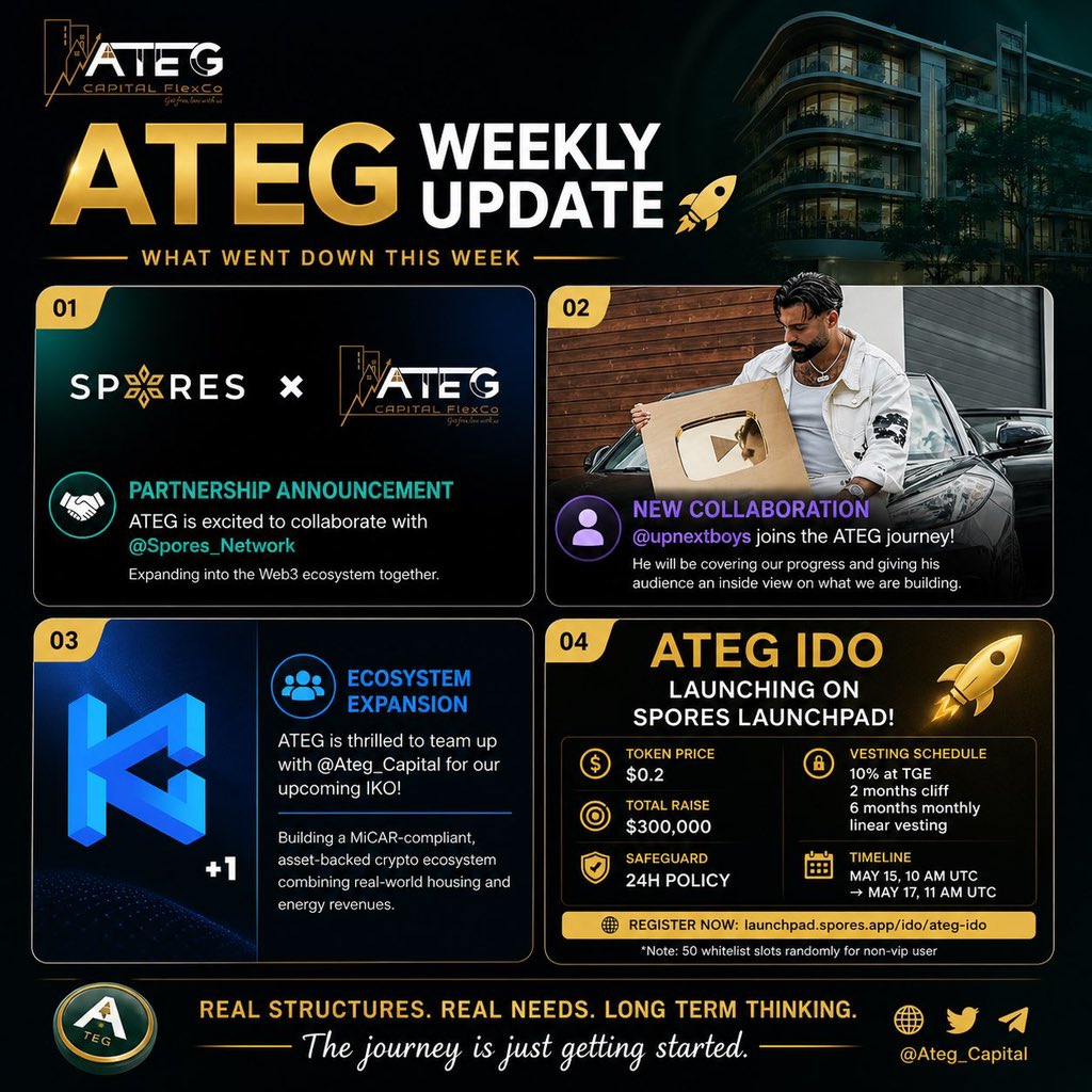 8eli77's tweet photo. Momentum is building โก
ATEG just:
โข Partnered with @Spores_Network
โข Added @upnextboys to the journey
โข Expanded ecosystem
โข Announced IDO on Spores Launchpad
Timeline: 10 AM UTC, May 15th => 11 AM UTC, May 17th
This isnโt noise. This is execution.
Stay early. ๐
#ATEG https://t.co/LW5JRPFn2Q