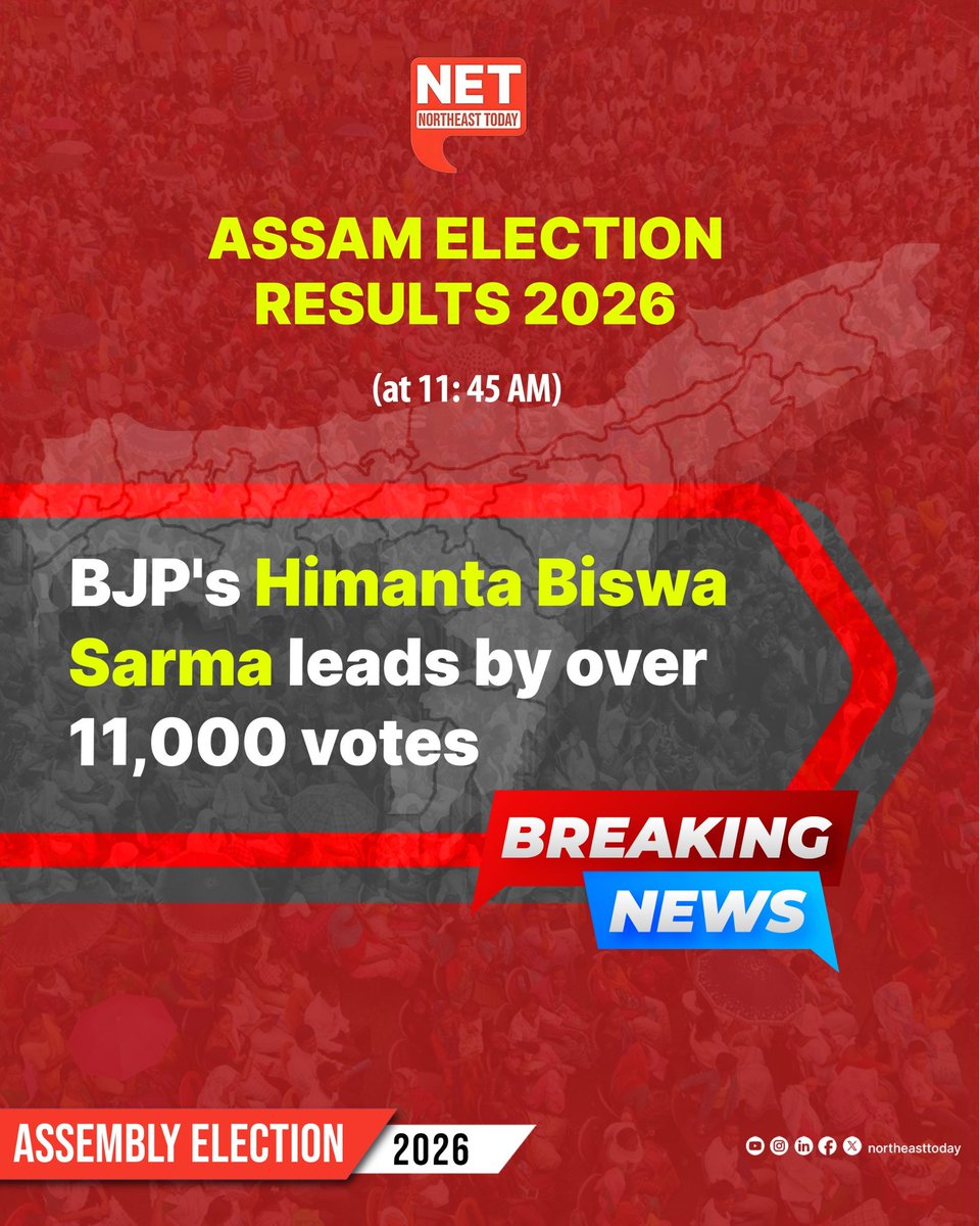 NortheastToday's tweet image. #AssamElectionResults2026 | 📌 BJP's Himanta Biswa Sarma is leading by over 11,000 votes. Congress's Bidisha Neog is trailing after third round of counting. Bidisha secured 6,866 votes.

#ResultsWithNET  #AssamElections  #Northeast