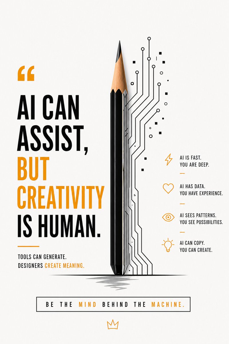 Craftergraphic's tweet image. “AI can assist, but creativity is human.” — there’s a deeper truth behind this statement.

In today’s world, AI is making our work faster, easier, and smarter. 
Be the mind behind the machine. 

#DesignThinking #Creativity #AI #CreativeProcess #DesignMindset #HumanCreativity