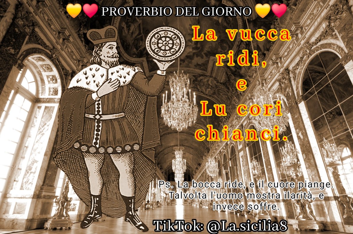 Palermo_1900's tweet photo. NUOVO PROVERBIO SICILIANO🇧🇹❤️🇮🇲💛

" La vucca ridi, e lu cori chianci ".

Ps. La bocca ride, e il cuore piange.
Talvolta l'uomo mostra ilarità, e invece soffre.

#veritàsiciliana #proverbiodelgiorno #proverbio #proverbisiciliani #proverbiosiciliano https://t.co/dq148IX3VI