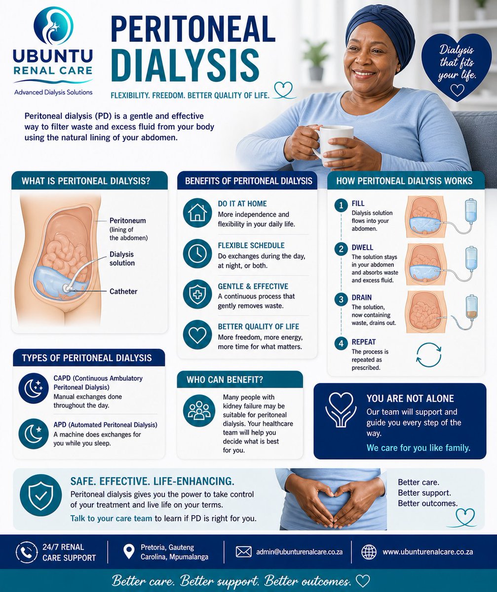 UbuntuRenalCare's tweet photo. Peritoneal Dialysis: Freedom &amp; flexibility
Dialysis in the comfort of your home, on your schedule.
More independence. Better quality of life.
https://t.co/voNXBAVT2G
#PeritonealDialysis #UbuntuRenalCare #KidneyHealth #DialysisCare https://t.co/VLeUrhBlr5