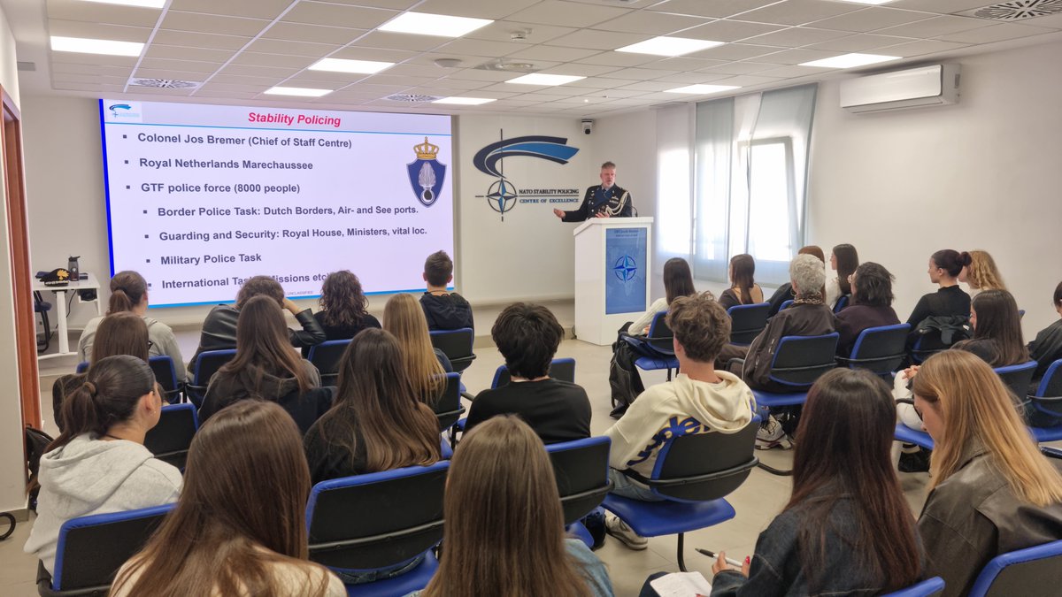 NSPCOE's tweet photo. #NSPCOE had the privilege to welcome 🇮🇹 students from 'Alle Stimate' ! 🧑‍🎓✨
Providing the younger generation with insights into #StabilityPolicing and how #NATO works to protect peace globally. 🛡️
Thank you for your curiosity and brilliant questions!
#WeAreNATO #StrongerTogether https://t.co/fIxhafNYkN