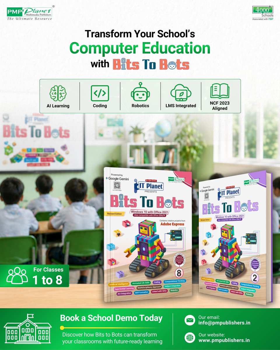 PmPublishers's tweet photo. Transform your school’s computer education with Bits To Bots, a future-ready computer book series by PM Publishers designed to build real digital skills in students.

Book a school demo today

📩 info@pmpublishers.in

🌐 https://t.co/uLK8j3LABS

#pmpublishers #BitstoBots https://t.co/XybTz29Sww