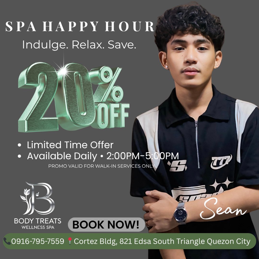 bodytreatsQC's tweet photo. Start your week right ✨
Enjoy our Spa Happy Hour and take a well-deserved break this Monday.

💚 20% OFF on walk-inservices
🕑 2PM – 5PM only

Relax, recharge, and feel your best.

#HappyHourDeals #MondayRelax #SpaTime https://t.co/cHW1FFDy3A