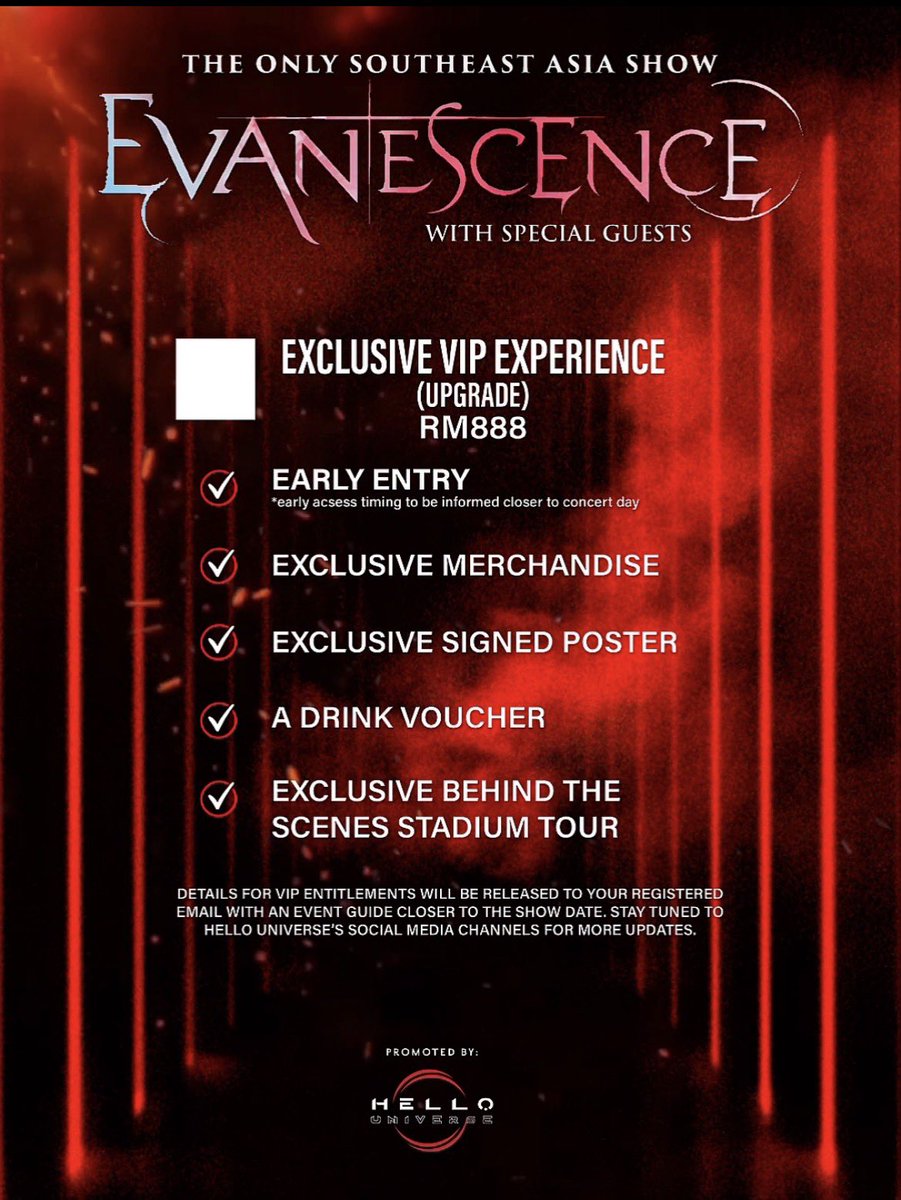 MY IMMORTAL section benefits for EVANESCENCE LIVE IN KUALA LUMPUR.

- Dedicated entrance
- Exclusive Evanescence gifts
- Best view &amp; concert experience near to the stage

VIP upgrades only available for MY IMMORTAL &amp; BRING ME TO LIFE ticket holders

🔗 golive-asia.com/event-detail/1…