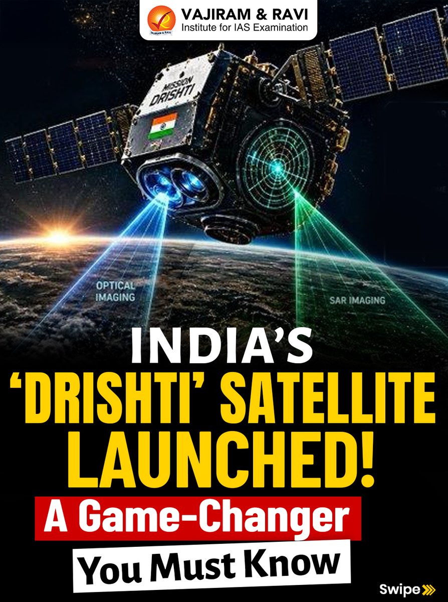 VajiramRavi's tweet image. India’s space startup GalaxEye has launched Mission Drishti, the world’s first OptoSAR satellite, combining EO + SAR technology.

#DrishtiSatellite #ISRO #SpaceTech #GalaxEye #SatelliteTechnology #SAR #ScienceAndTech #UPSC2026 #UPSCPreparation #IASPreparation