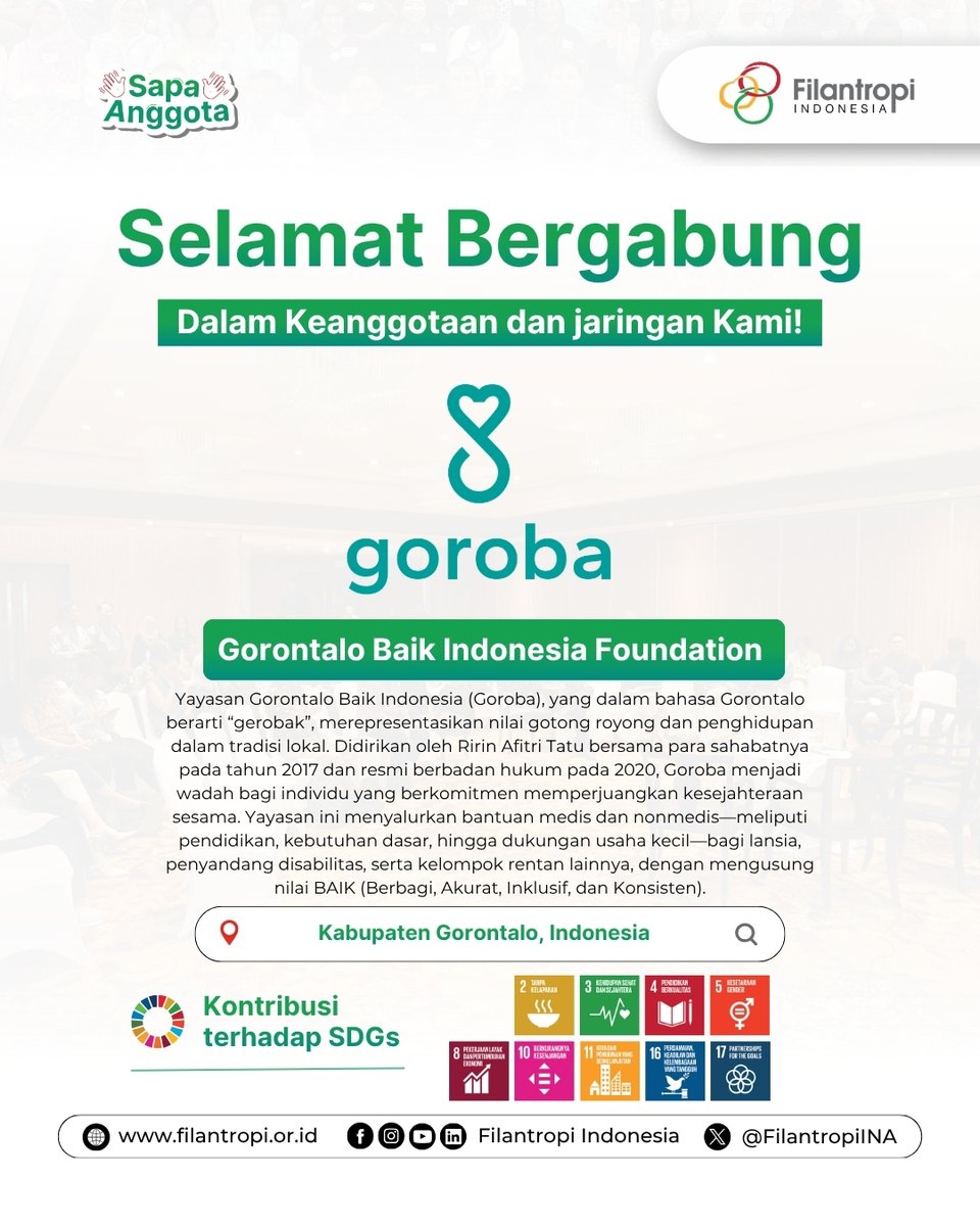 FilantropiINA's tweet photo. Anggota Baru ✨
Filantropi Indonesia menyambut Gorontalo Baik Indonesia Foundation ke dalam jaringan kami! 

Yuk kenal lebih dekat:
🌐https://t.co/cag8FLgftQ
📲Gorontalo Baik
Bergabung dengan kami 👉 https://t.co/hilSDqmMZC

#KabarAnggota #AnggotaBaru #GorontaloBaik #PFI https://t.co/kIifynJOOB