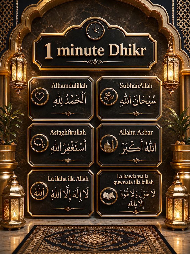 🌙 1 MINUTE DHIKR THAT CAN CHANGE YOUR LIFE 🤍

You don’t need hours…
Just 1 minute of sincere Dhikr can bring peace to your heart ❤️

✨ Simple words, powerful impact:
• SubhanAllah
• Alhamdulillah
• Allahu Akbar
• Astaghfirullah
• La ilaha illallah
• La hawla wa la
