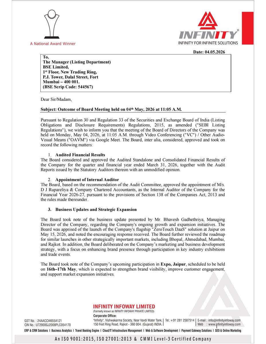 nileshkurhade's tweet image. 📌 Infinity Infoway Ltd informed the exchange about its approval for the financial results for the period ended March 31, 2026. #SME #INFINITY 📄🧾