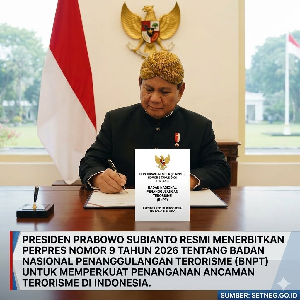 Transforma34761's tweet image. Presiden Prabowo Subianto resmi menerbitkan Peraturan Presiden (Perpres) Nomor 9 Tahun 2026 tentang Badan Nasional Penanggulangan Terorisme (BNPT) untuk memperkuat penanganan ancaman Terorisme di Indonesia.

Sumber: JDIH Sekretariat Negara

#Israel #Indonesia #international #fyp