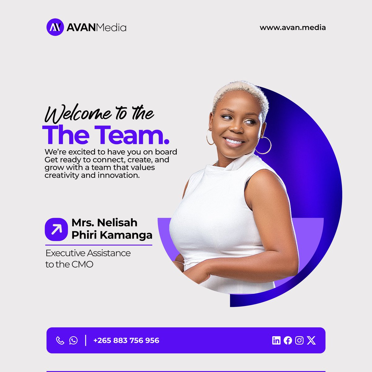 avanmedia3's tweet photo. Big moves start with great people 💜

We’re proud to welcome Mrs. Nelisah Phiri Kamanga to AVAN Media as Executive Assistant to the CMO.

Let’s create, innovate, and grow—together. 🚀

#AVANMedia #TeamGrowth #DigitalMarketing #CreativeAgency #MarketingTeam #Innovation https://t.co/iXZ1q3aQlT