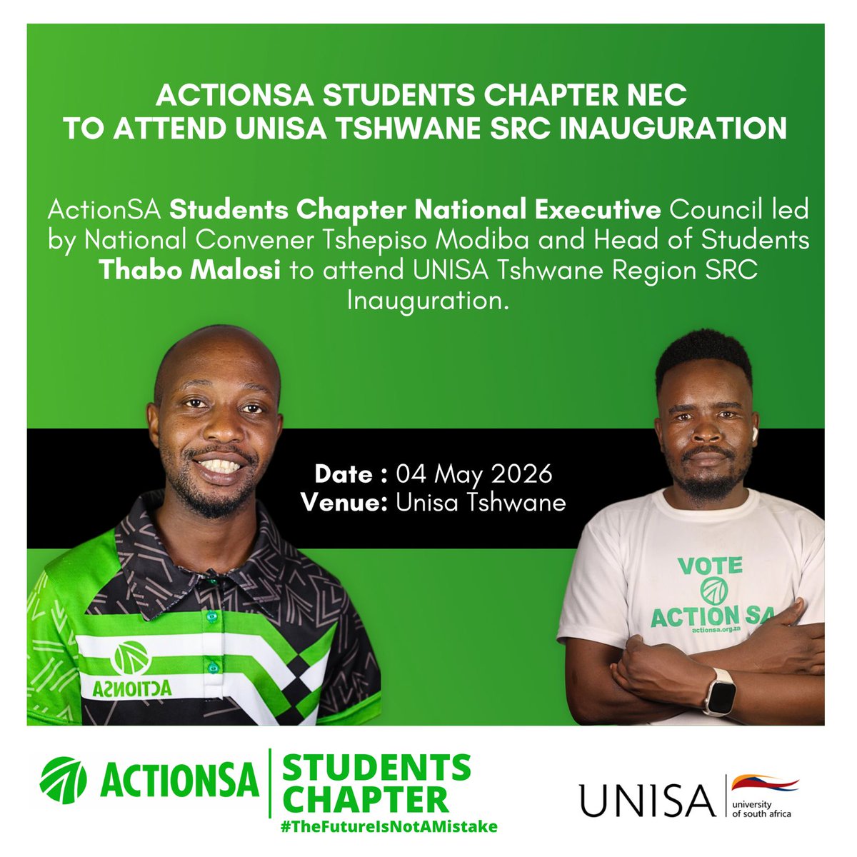 StudentsChapter's tweet photo. *ActionSA Students Chapter NEC to attend UNISA tshwane SRC inauguration 🎓*

ActionSA Students Chapter National Executive Council, led by National Convener *Tshepiso Modiba* and Head of Students *Thabo Malosi*, will attend the UNISA Tshwane Region SRC Inauguration. https://t.co/0GbIlrp9En