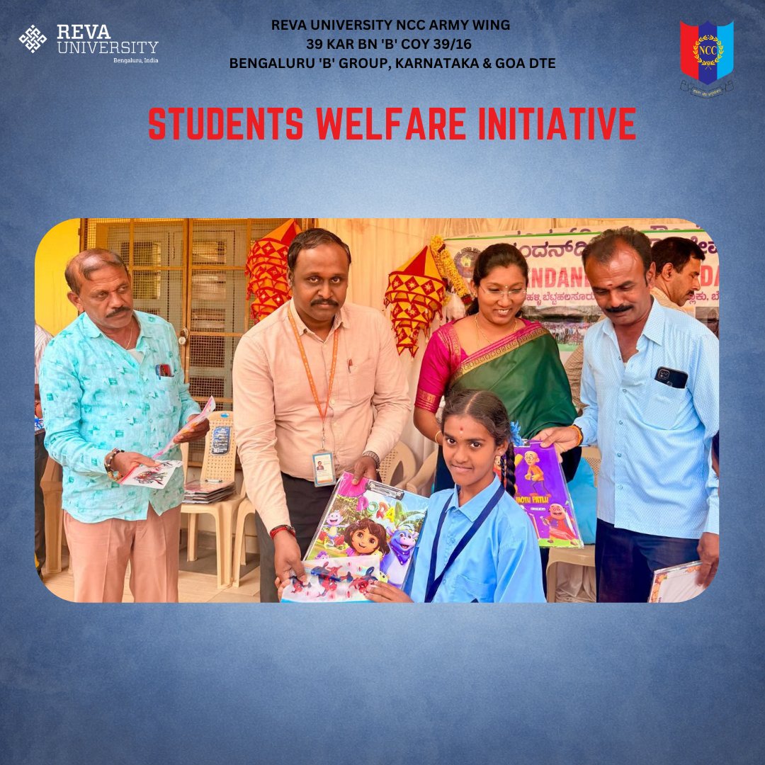 39Inf's tweet photo. Students Welfare Initiative: REVA NCC donated study materials and bicycles at Sonnappanahalli school, supporting education. Achievers Tarunika R, Kesav Krishna, and Goutham M were felicitated—reflecting service, leadership, and community commitment. 
Jai Hind 🇮🇳
#NCC https://t.co/mPLKMZpZMm